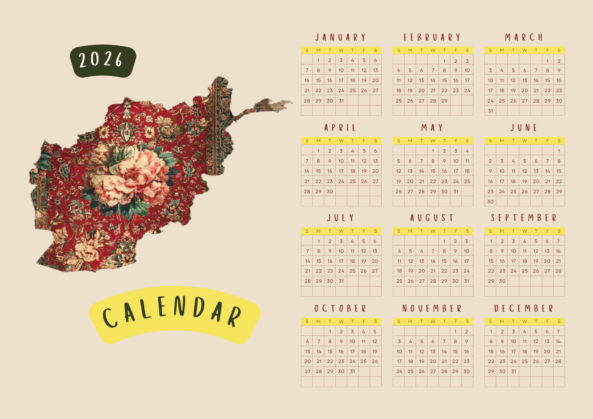 2026 Afghan Heritage Printable Calendar — One-Page PDF