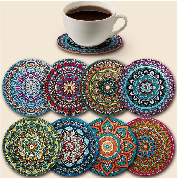 Mandala Coaster Set – Colorful Wooden Drink Coasters