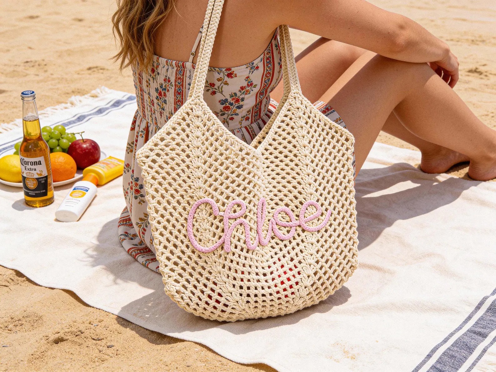 کیف ساحلی کروشه‌ای شخصی‌سازی‌شده | Personalized Crochet Beach Bag | هدیه عروسی، تابستان و مجلس